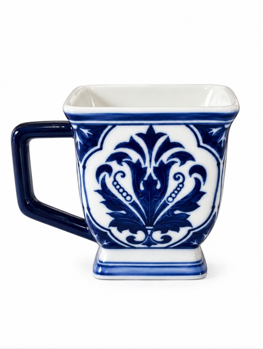 Bombay Blue White Square Ceramic Coffee Mug Floral Footed Pedestal Cup 5 Oz
